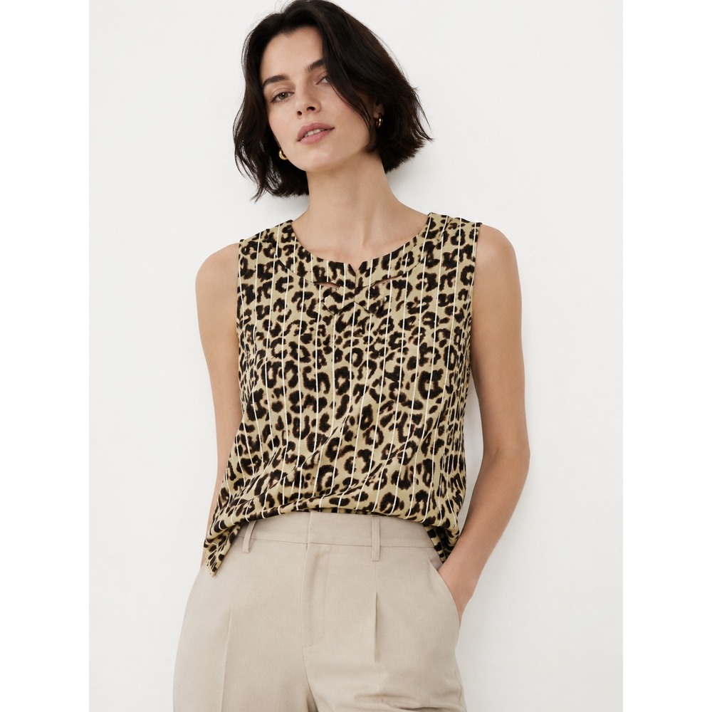Cabi Leopard Striped Sleeveless Blouse Tan Brown Cutout Neckline Size Small